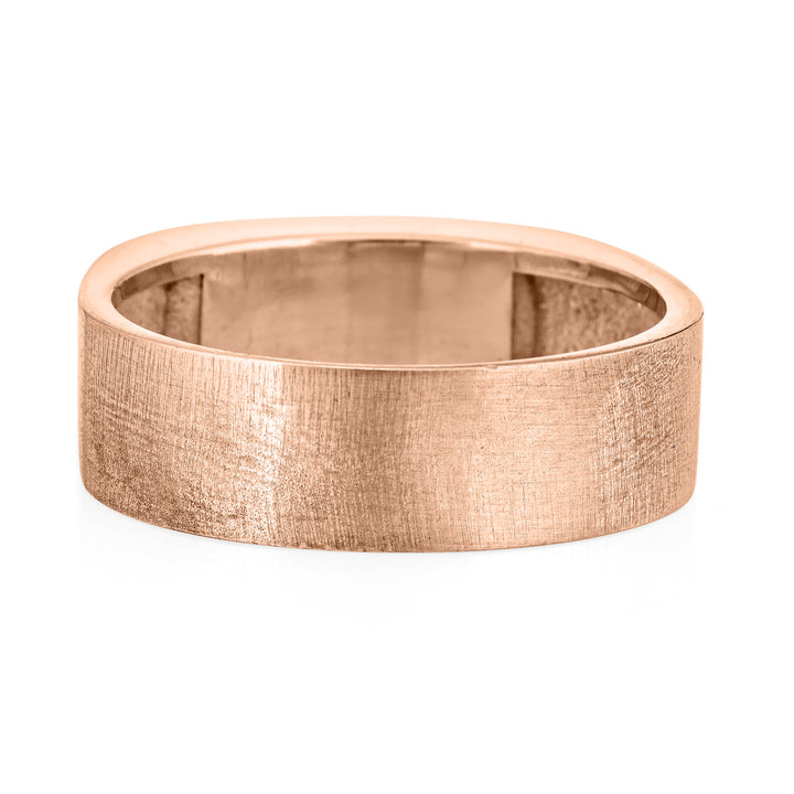 Pictured here is close by me jewelry's Men's Classic Band Cremation Ring design in 14K Rose Gold from the back to show the thickness and brushing on the band