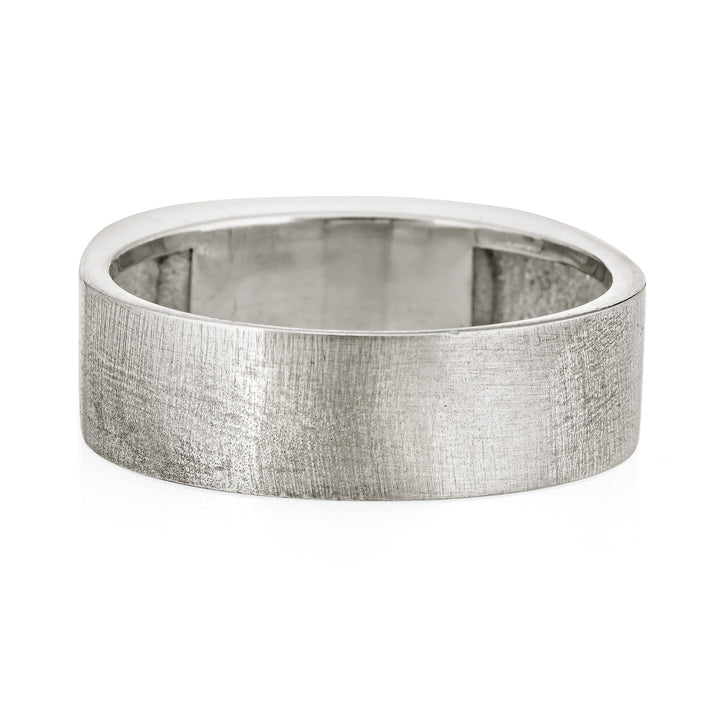 Pictured here is close by me jewelry's Men's Classic Band Cremation Ring design in Sterling Silver from the back to show the thickness and brushing on the band
