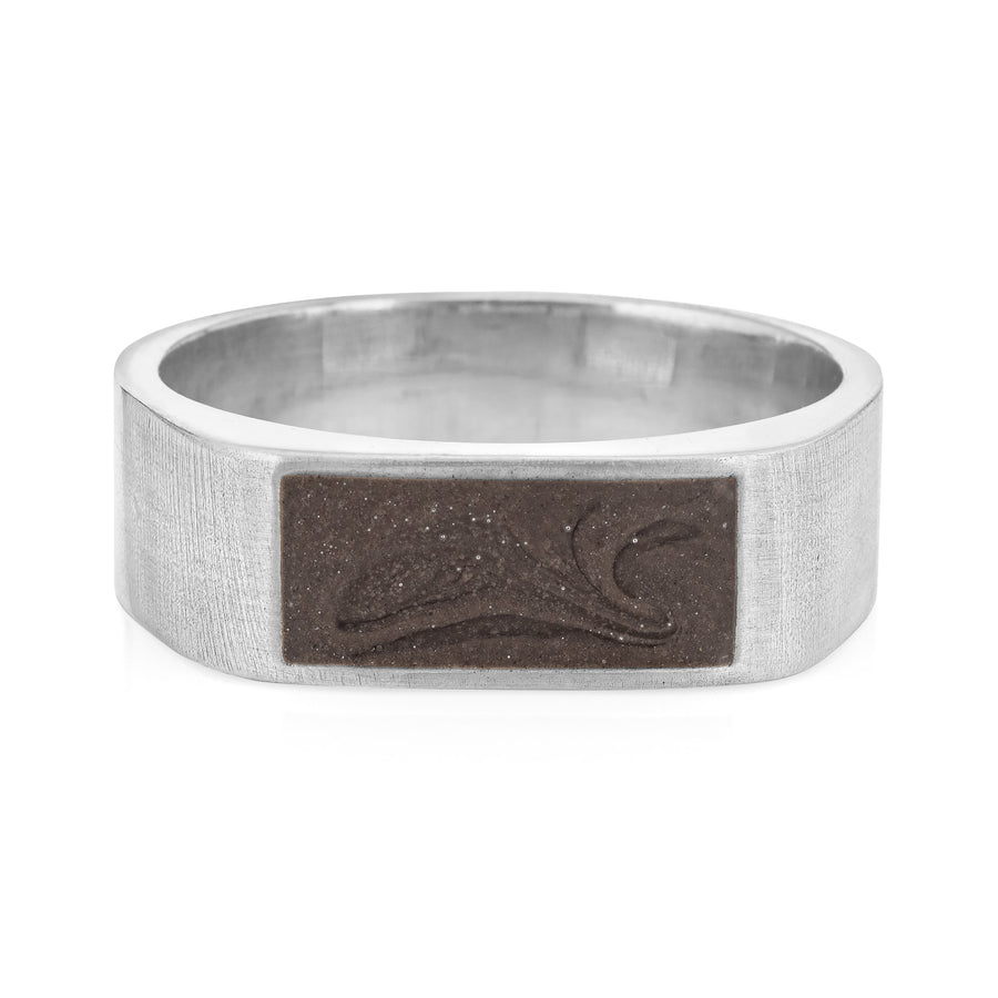 Pictured here is close by me jewelry's Men's Classic Band Cremation Ring design in Sterling Silver from the front to show its dark grey ashes setting
