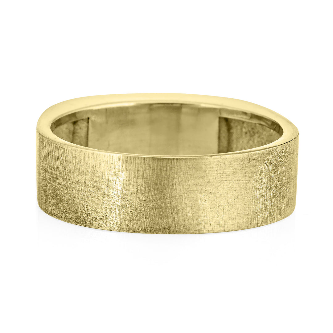 Pictured here is close by me jewelry's Men's Classic Band Cremation Ring design in 14K Yellow Gold from the back to show the thickness and brushing on the band