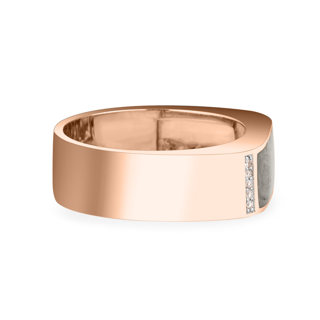 Close-up, side view of Close By Me's Men's Classic Diamond Band Cremation Ring in 14K Rose Gold against a solid white background.