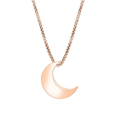 A close-up back view of Close By Me's Crescent Moon Cremation Pendant in 14K Rose Gold against a solid white background.