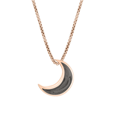 A close-up view of Close By Me's Crescent Moon Cremation Pendant in 14K Rose Gold against a solid white background.