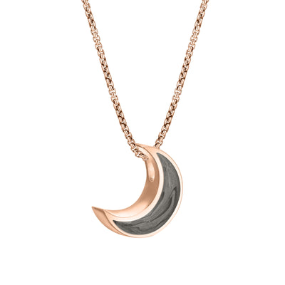 A close-up side view of Close By Me's Crescent Moon Cremation Pendant in 14K Rose Gold against a solid white background.