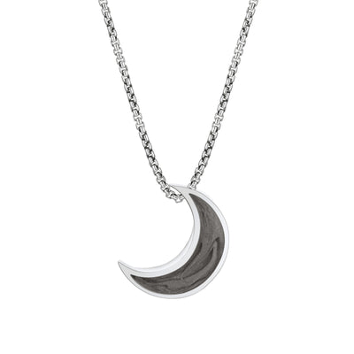 Close-up front view of Close By Me's Crescent Moon Cremation Pendant in Sterling Silver, set against a solid white background.