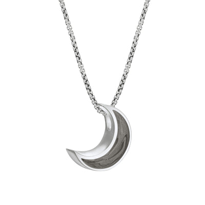Close-up side view of Close By Me's Crescent Moon Cremation Pendant in Sterling Silver, set against a solid white background.