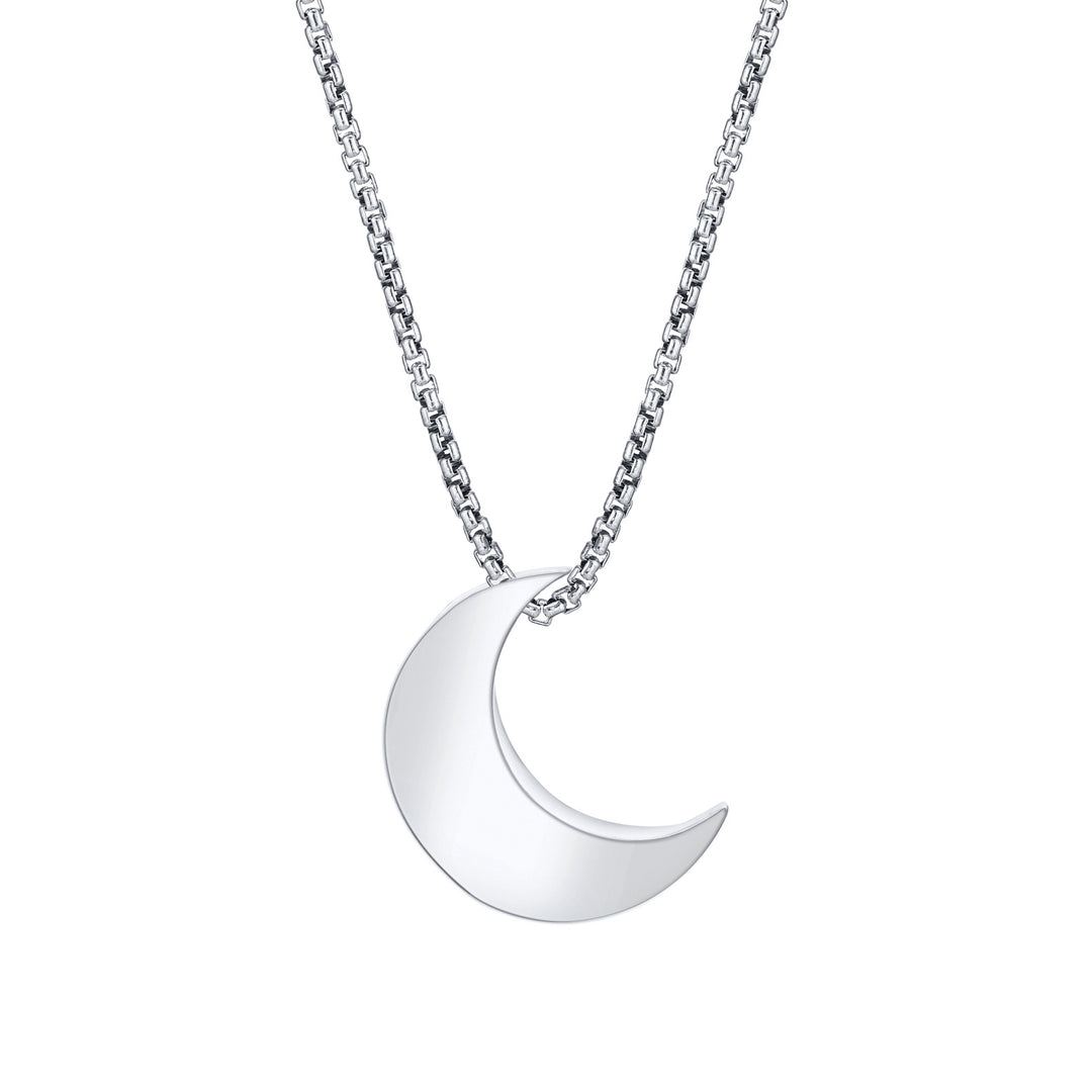 Close-up back view of Close By Me's Crescent Moon Cremation Pendant in 14K White Gold, set against a solid white background.