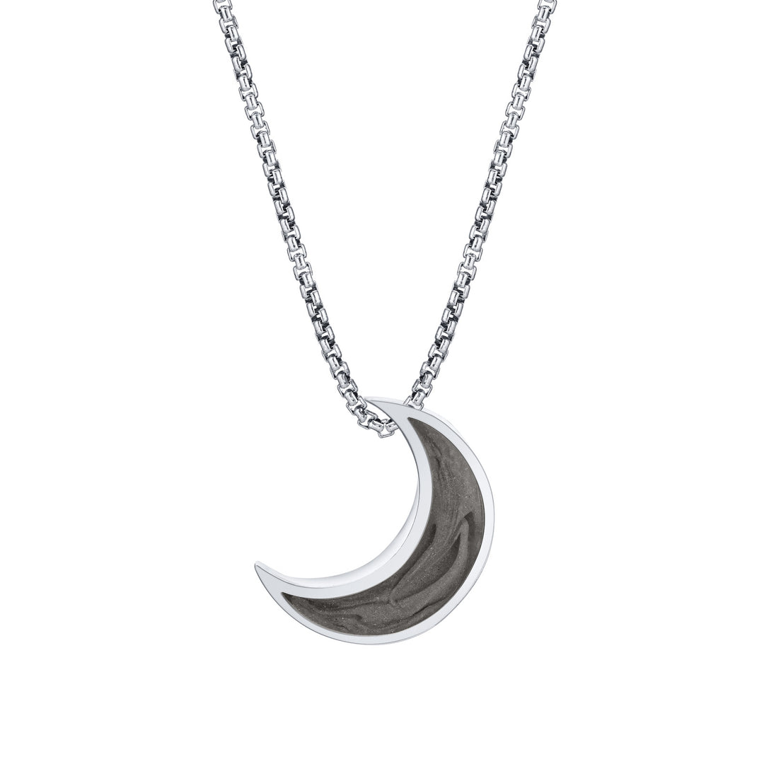 Close-up front view of Close By Me's Crescent Moon Cremation Pendant in 14K White Gold, set against a solid white background.