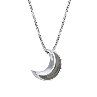 Close-up side view of Close By Me's Crescent Moon Cremation Pendant in 14K White Gold, set against a solid white background.