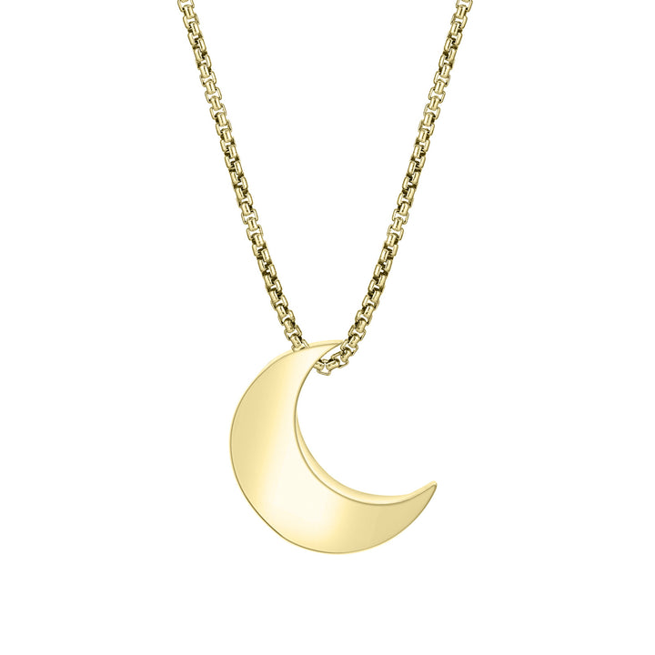 Close-up back view of Close By Me's Crescent Moon Cremation Pendant in 14K Yellow Gold, set against a solid white background.