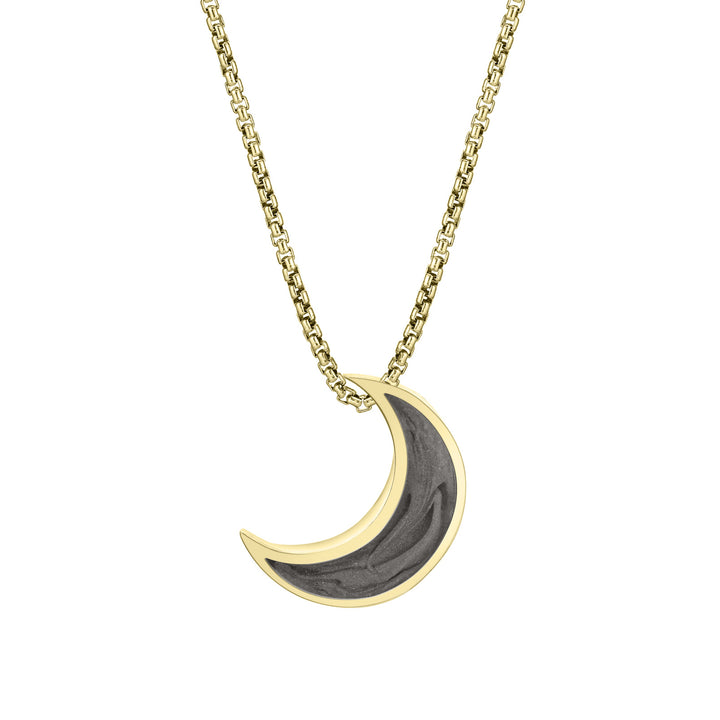 Close-up front view of Close By Me's Crescent Moon Cremation Pendant in 14K Yellow Gold, set against a solid white background.