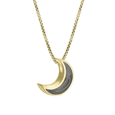 Close-up side view of Close By Me's Crescent Moon Cremation Pendant in 14K Yellow Gold, set against a solid white background.