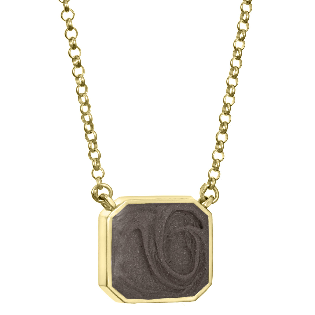 The cushion art deco cremation necklace design by close by me jewelry in 14k yellow gold from the side