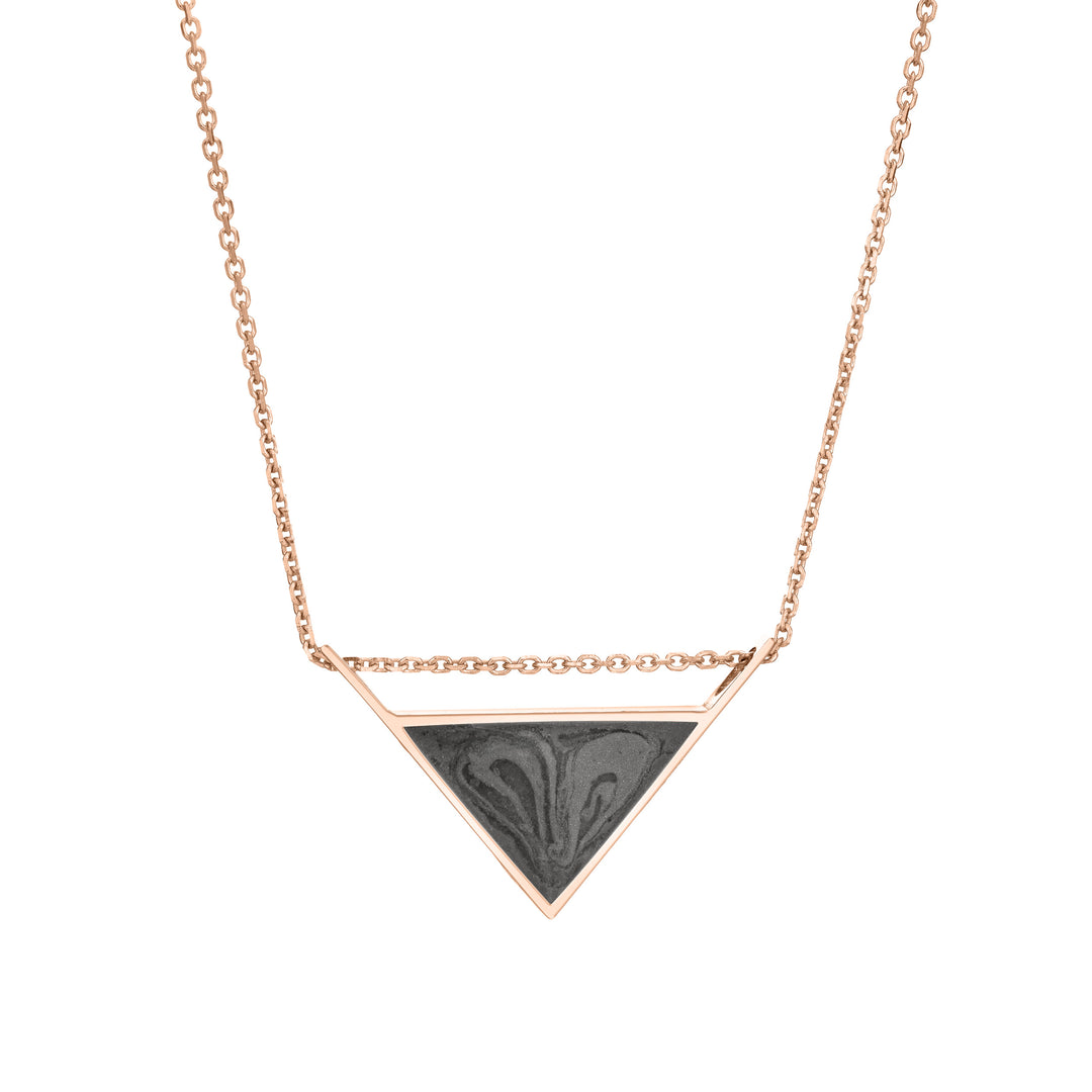 The 14k rose gold detailed sliding triangle ashes pendant by close by me jewelry from the front