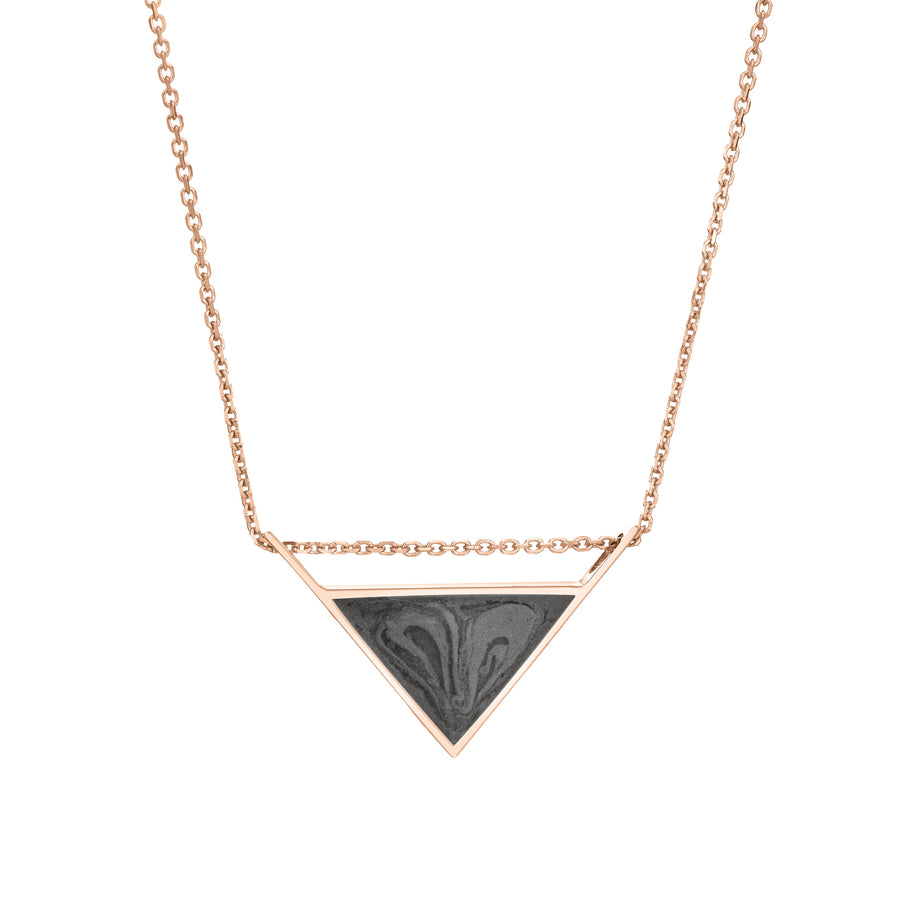 The 14k rose gold detailed sliding triangle ashes pendant by close by me jewelry from the front