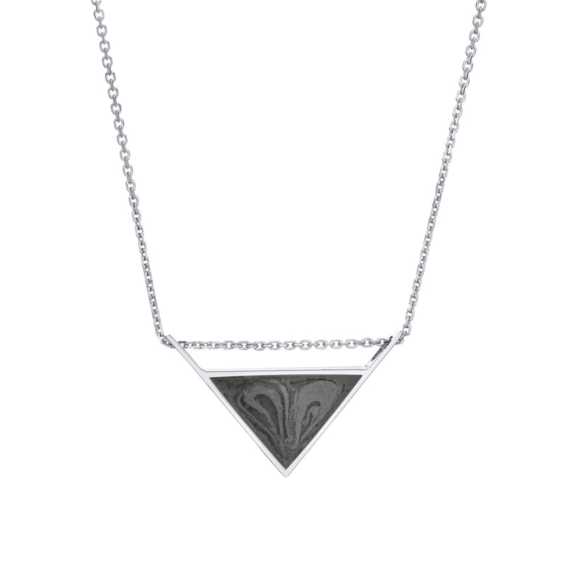 The 14k white gold detailed sliding triangle ashes pendant by close by me jewelry from the front