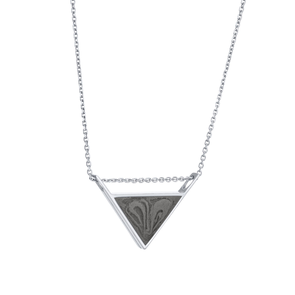 The 14k white gold detailed sliding triangle ashes pendant by close by me jewelry from the side