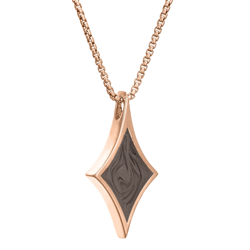 This is a photo showing the Diamond Cremation Necklace designed and set with ashes in 14K Rose Gold by close by me jewelry from the side
