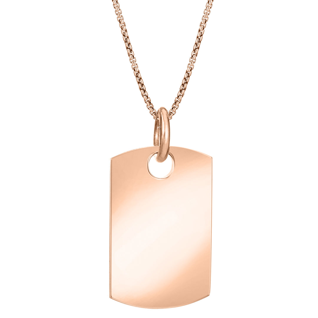 The dog tag memorial pendant design by close by me jewelry in 14k rose gold from the back