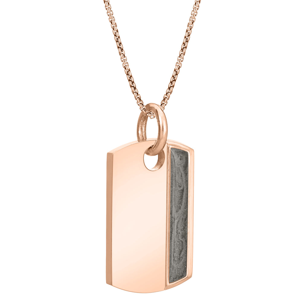 The dog tag memorial pendant design by close by me jewelry in 14k rose gold from an angle