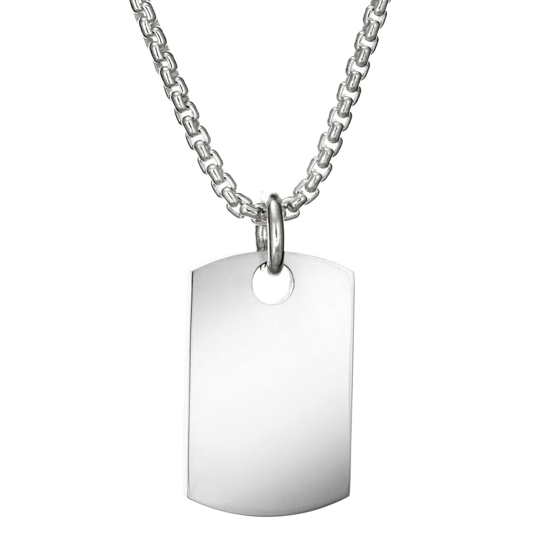The dog tag cremation pendant design on a thick chain by close by me jewelry in sterling silver from the back