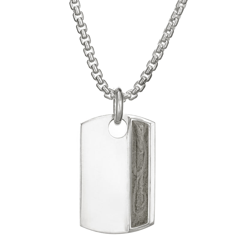 The dog tag cremation pendant design on a thick chain by close by me jewelry in sterling silver from the front