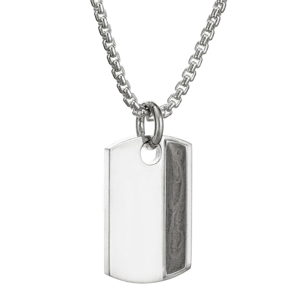 The dog tag cremation pendant design on a thick chain by close by me jewelry in sterling silver from an angle