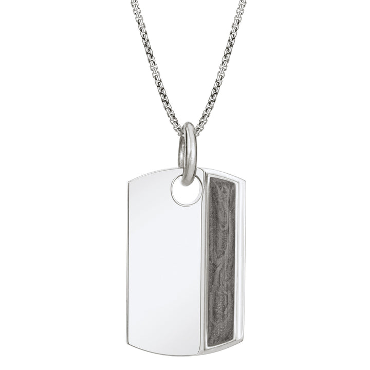 The dog tag cremains pendant design on a thin chain by close by me jewelry in sterling silver from the front