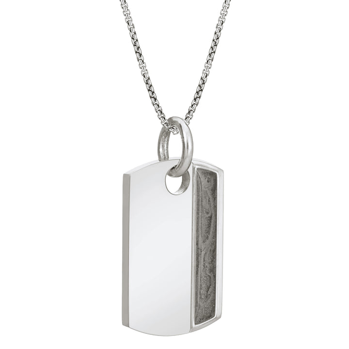 The dog tag cremains pendant design on a thin chain by close by me jewelry in sterling silver from an angle