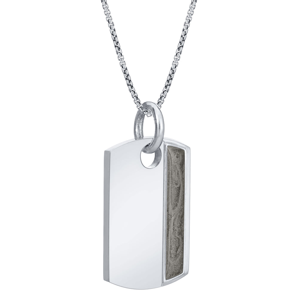 The dog tag ashes pendant design by close by me jewelry in 14k white gold from an angle