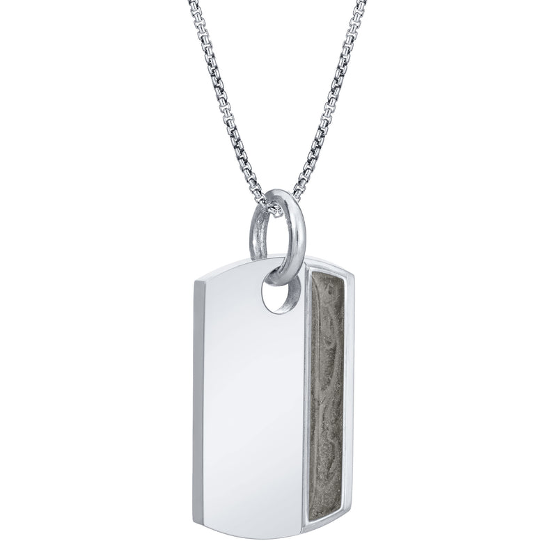 The dog tag ashes pendant design by close by me jewelry in 14k white gold from an angle