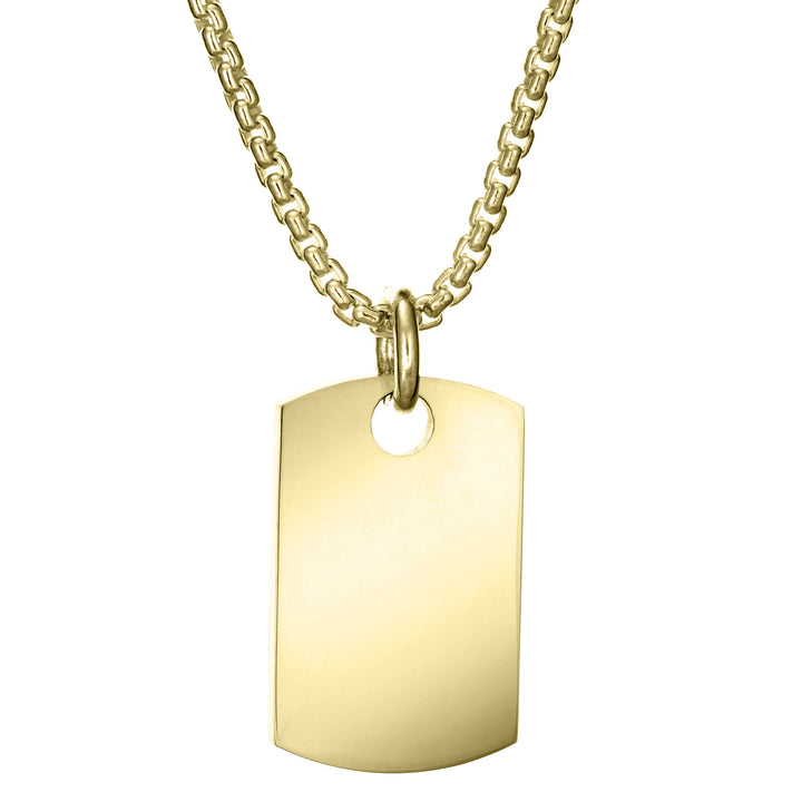 The dog tag ashes pendant design on a thick chain by close by me jewelry in 14k yellow gold from the back