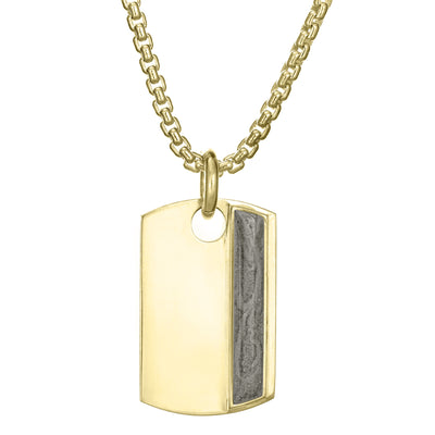 The dog tag ashes pendant design on a thick chain by close by me jewelry in 14k yellow gold from the front