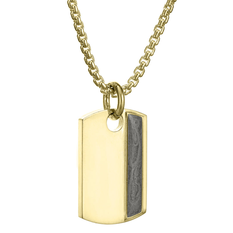 The dog tag ashes pendant design on a thick chain by close by me jewelry in 14k yellow gold from an angle