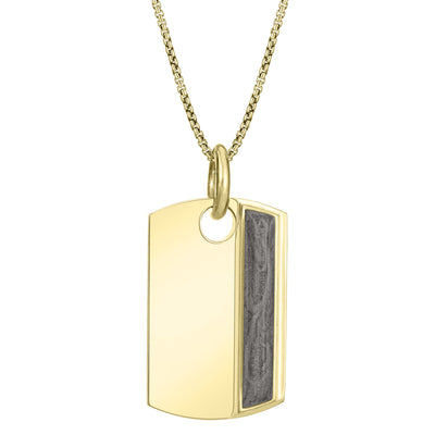 The dog tag ashes pendant design on a thin chain by close by me jewelry in 14k yellow gold from the front