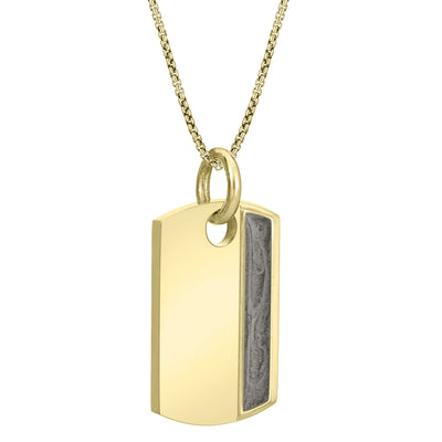 The dog tag ashes pendant design on a thin chain by close by me jewelry in 14k yellow gold from an angle