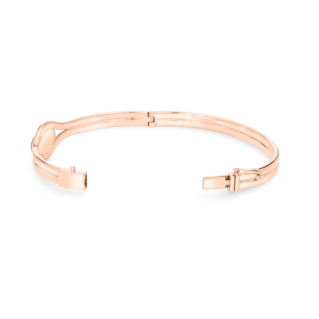 Side view of Double Band Oval Bangle Cremation Bracelet in 14K Rose Gold, opened, against a white background.
