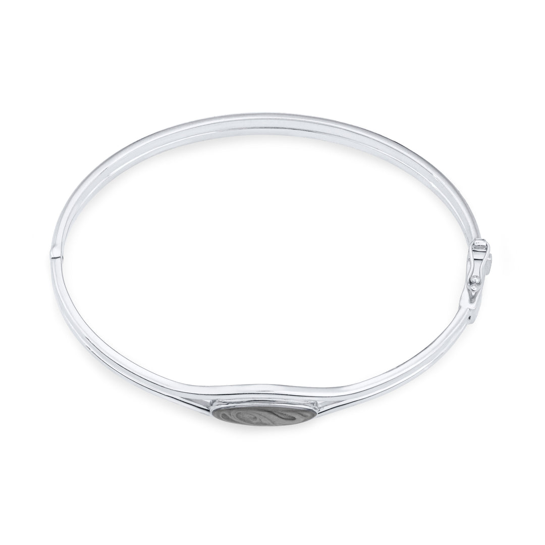 Overhead view of Double Band Oval Bangle Cremation Bracelet in 14K White Gold against a white background.