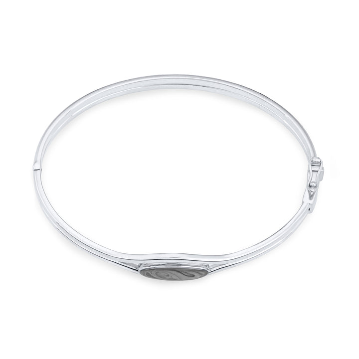 Overhead view of Double Band Oval Bangle Cremation Bracelet in 14K White Gold against a white background.