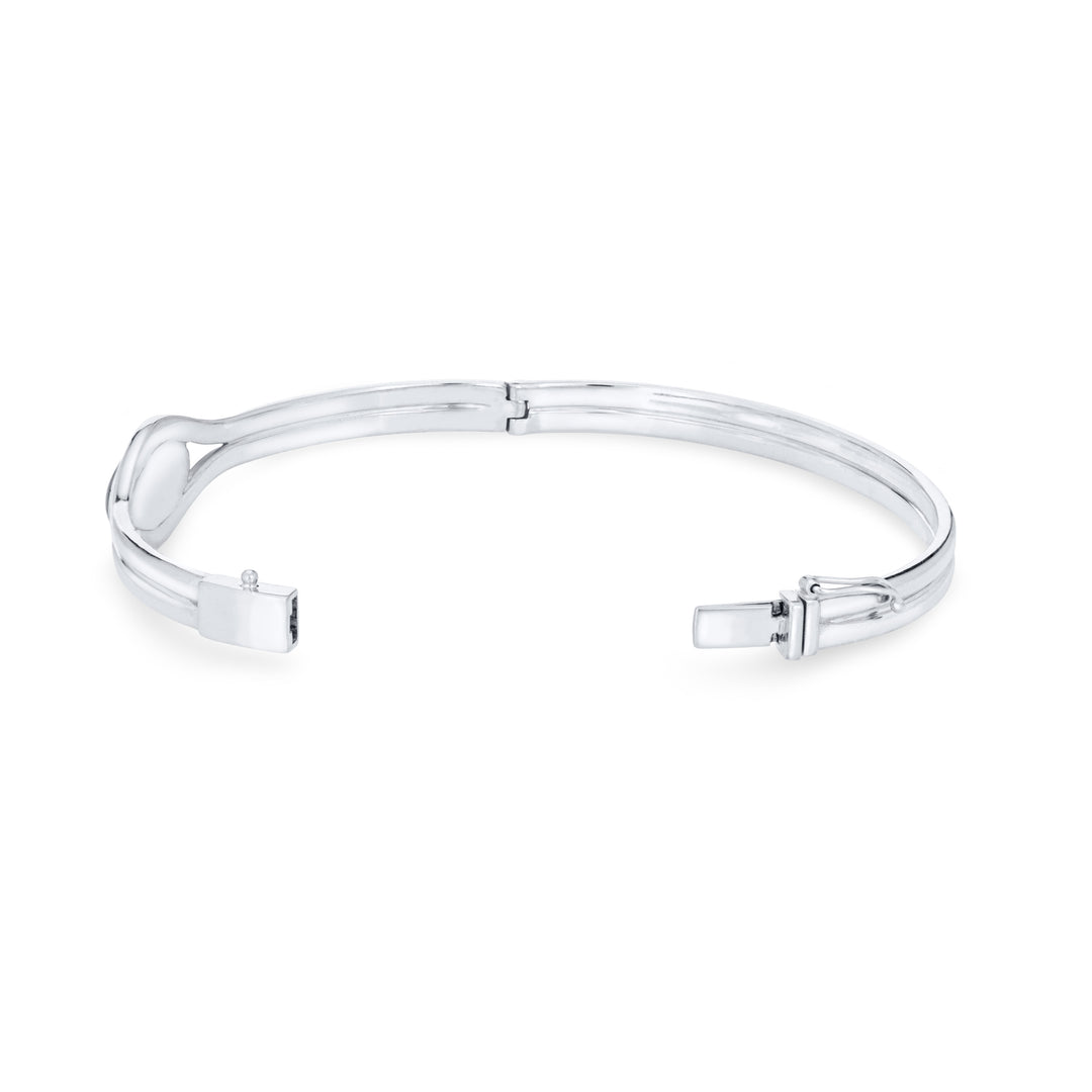 Side view of Double Band Oval Bangle Cremation Bracelet in 14K White Gold, opened, against a white background.