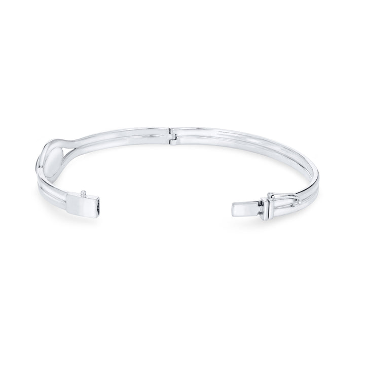 Side view of Double Band Oval Bangle Cremation Bracelet in 14K White Gold, opened, against a white background.