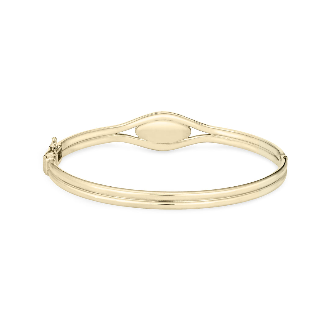 Back view of Double Band Oval Bangle Cremation Bracelet in 14K Yellow Gold against a white background.