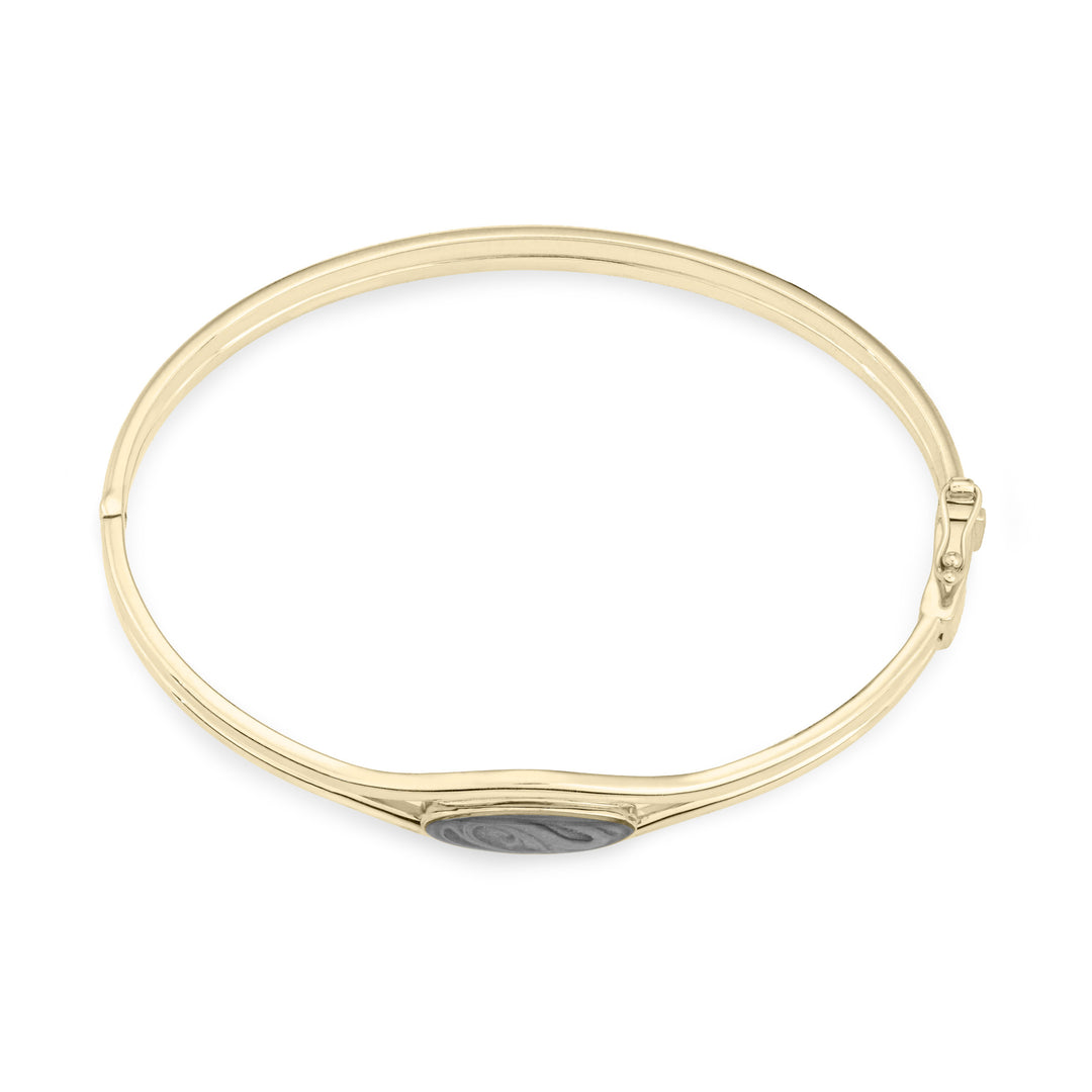 Overhead view of Double Band Oval Bangle Cremation Bracelet in 14K Yellow Gold against a white background.
