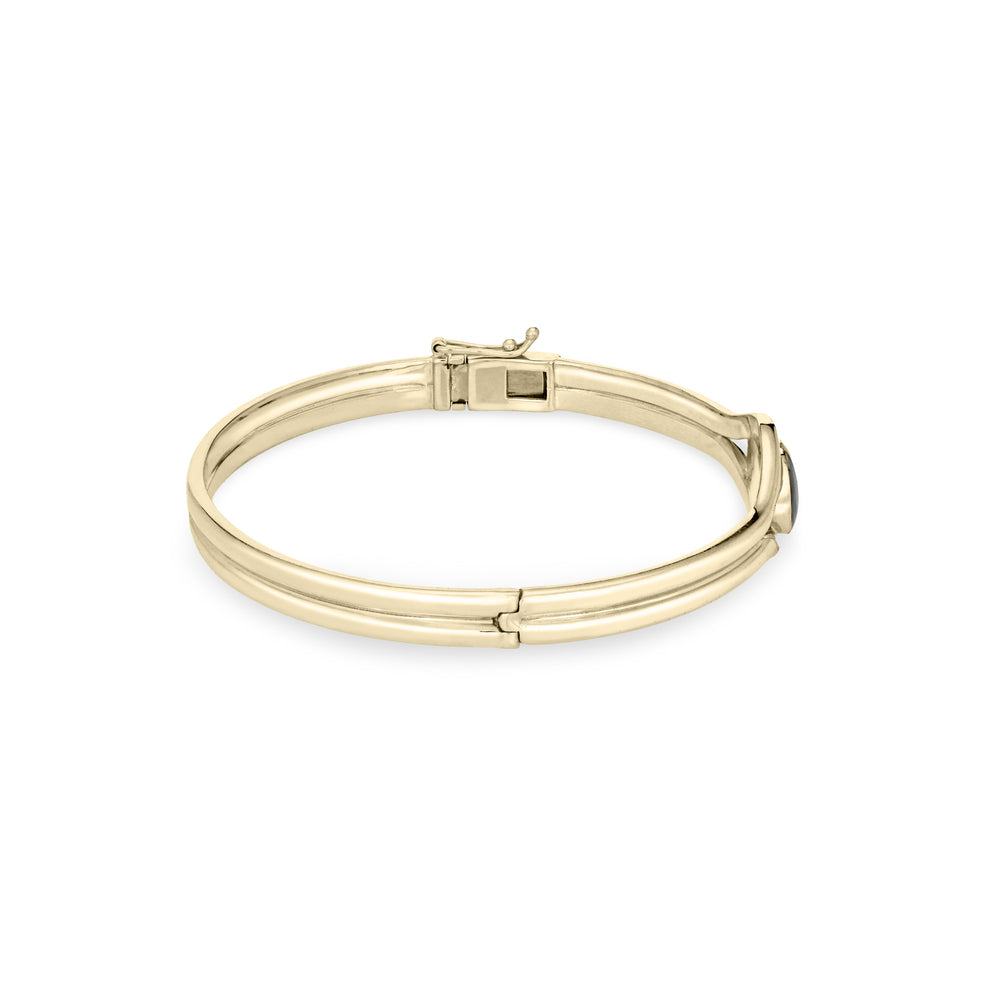 Side view of Double Band Oval Bangle Cremation Bracelet in 14K Yellow Gold against a white background.