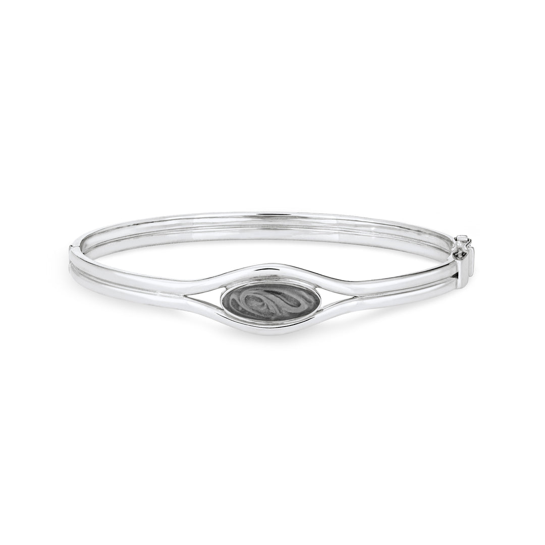 Front view of Double Band Oval Bangle Cremation Bracelet in Rhodium-Plated Sterling Silver against a white background.