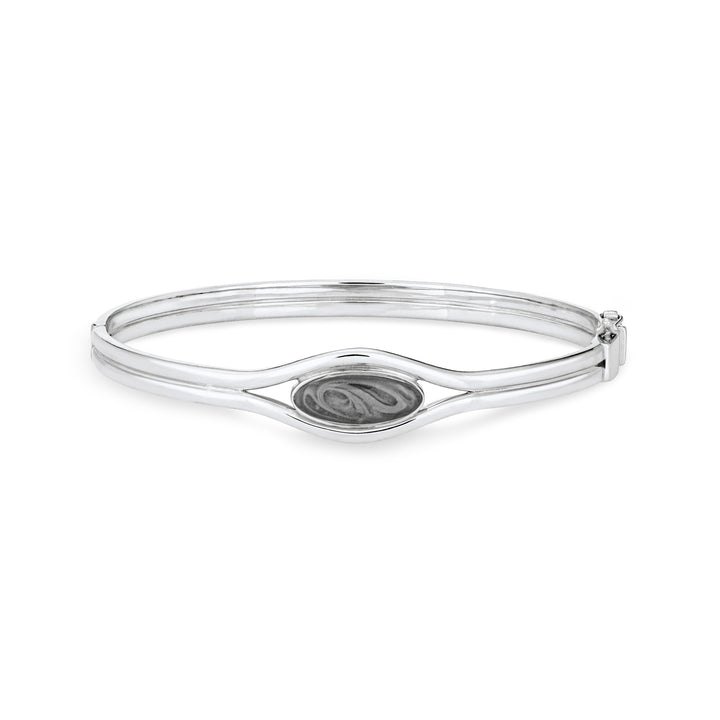 Front view of Double Band Oval Bangle Cremation Bracelet in Rhodium-Plated Sterling Silver against a white background.