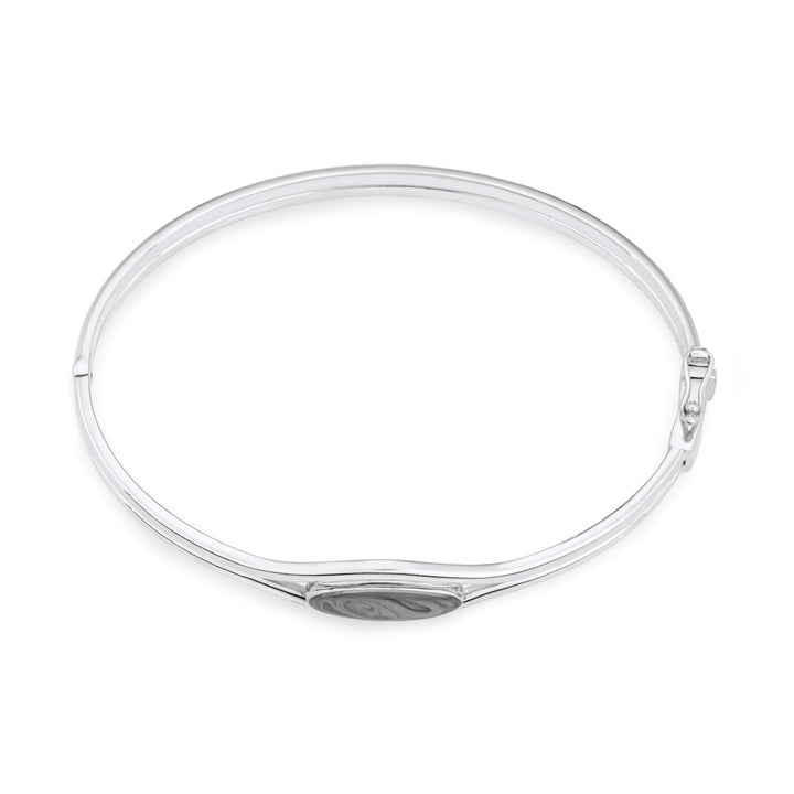 Overhead view of Double Band Oval Bangle Cremation Bracelet in Rhodium-Plated Sterling Silver against a white background.