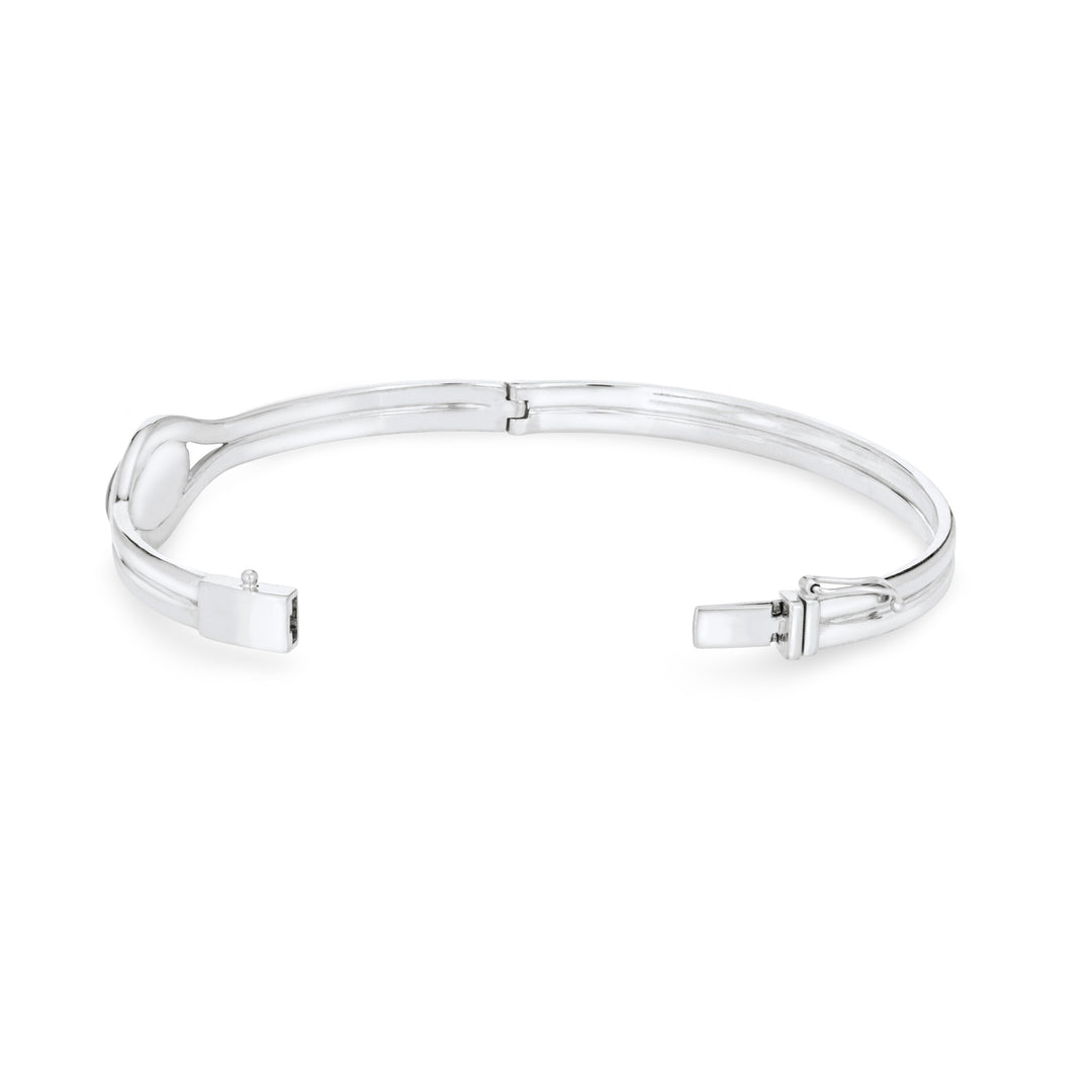 Side view of Double Band Oval Bangle Cremation Bracelet in Rhodium-Plated Sterling Silver, opened, against a white background.
