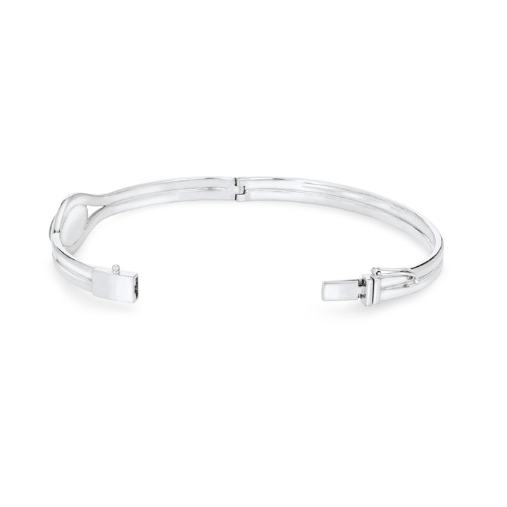 Side view of Double Band Oval Bangle Cremation Bracelet in Rhodium-Plated Sterling Silver, opened, against a white background.