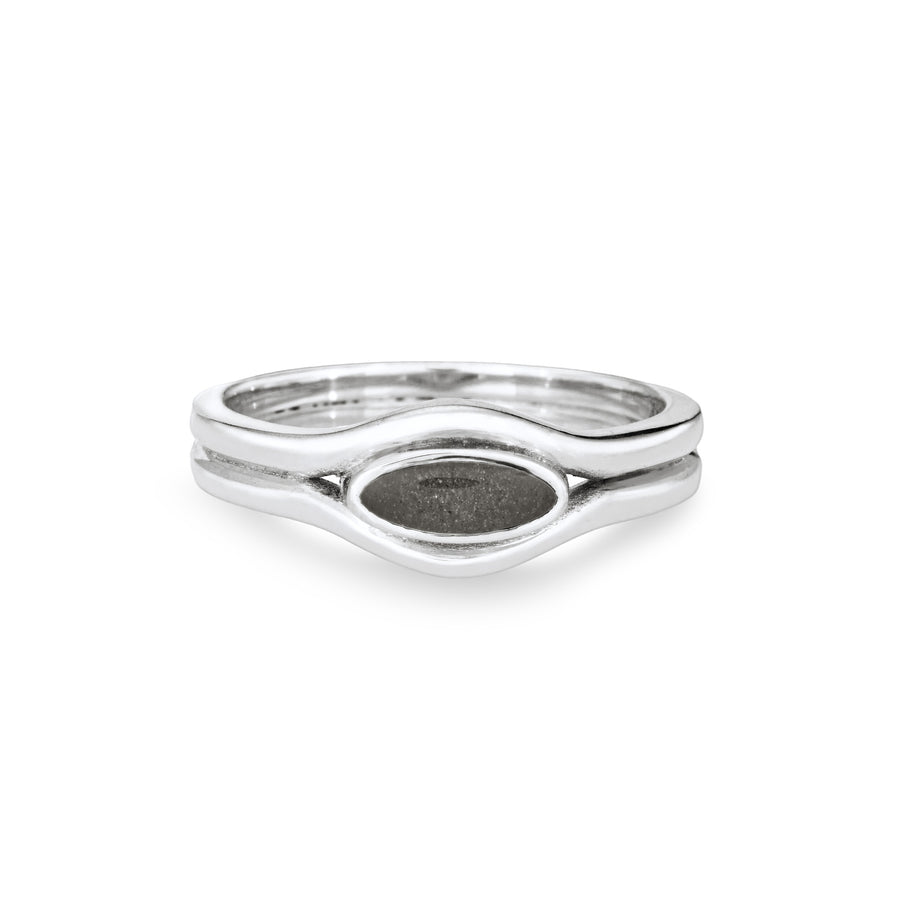 Front of the Double Band Oval Cremation Ring in Sterling Silver against a solid white background.